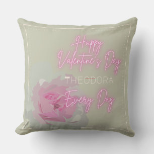 Happy Valentine's Peony Pink Grey Text Neon Pink Cushion