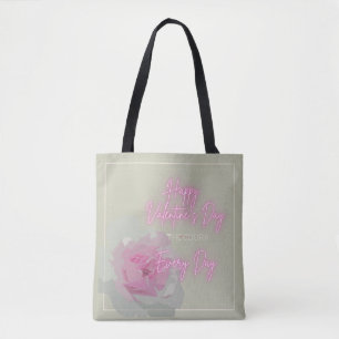 Happy Valentine's Peony Pink Grey Text Neon Pink Tote Bag