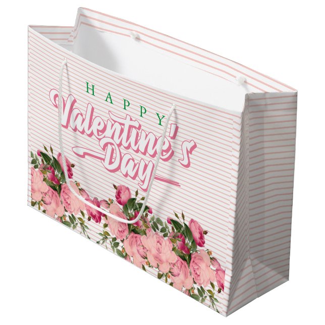 Happy Valentines with Flowers Large Gift Bag (Front Angled)