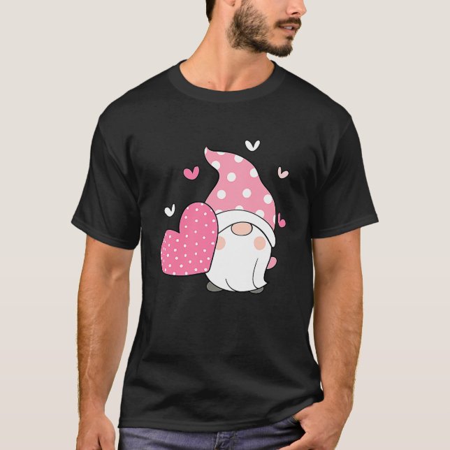 Happy Valentineu2019s Day Gnome Holding Pink Heart T-Shirt (Front)