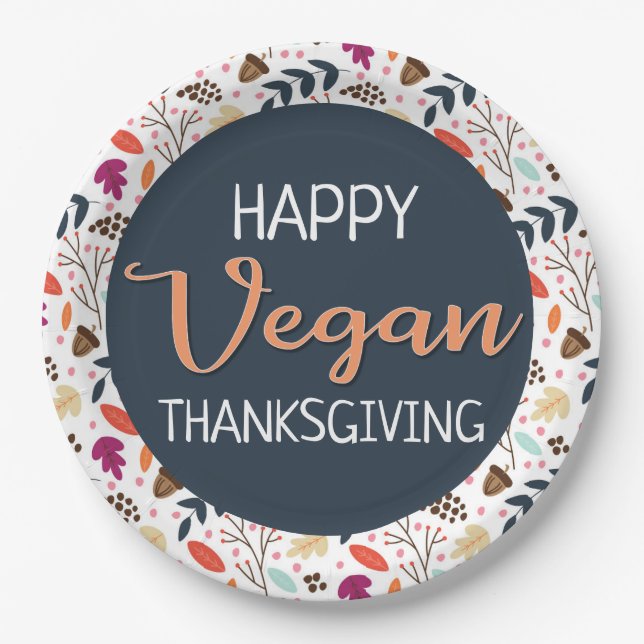 Happy vegan thanksgiving blue floral orange text paper plate (Front)