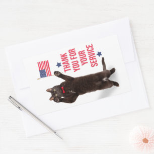 Happy Veterans Day Cat Holding Flag and Saluting Rectangular Sticker