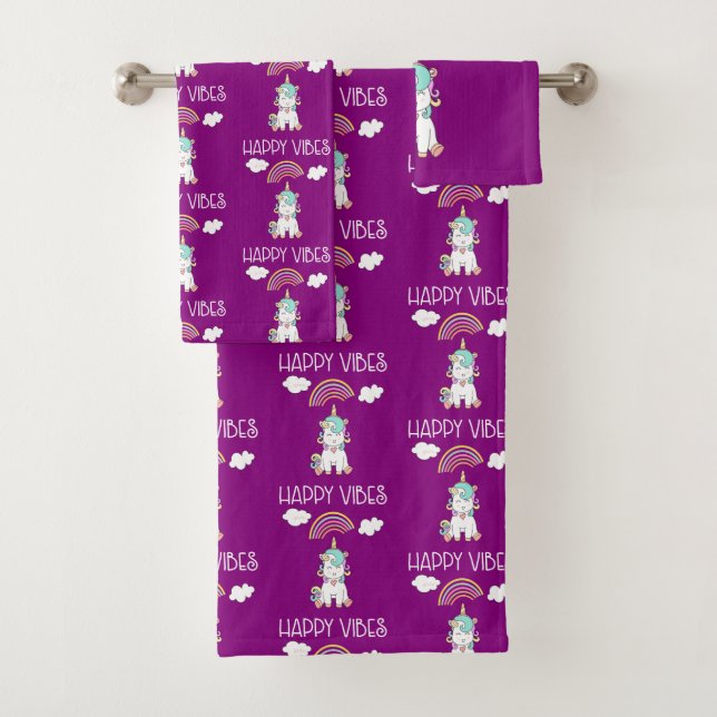 Happy Vibes Cute Smiling Unicorn Pattern Bath Towel Set (Insitu)