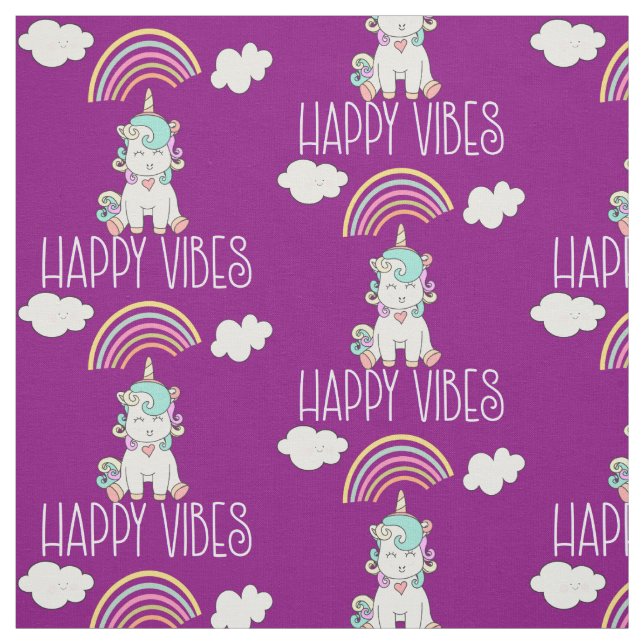 Happy Vibes Cute Smiling Unicorn Pattern Fabric (Swatch)