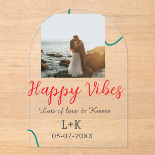Happy Vibes holiday couple name date wedding red Acrylic Invitations