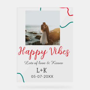 Happy Vibes holiday couple name date wedding red Acrylic Sign