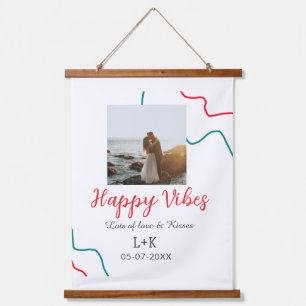 Happy Vibes holiday couple name date wedding red Hanging Tapestry