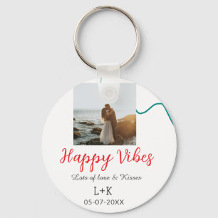 Happy Vibes holiday couple name date wedding red Key Ring