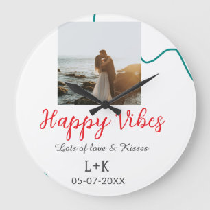 Happy Vibes holiday couple name date wedding red  Large Clock
