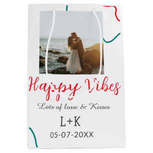 Happy Vibes holiday couple name date wedding red Medium Gift Bag
