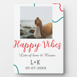 Happy Vibes holiday couple name date wedding red  Plaque