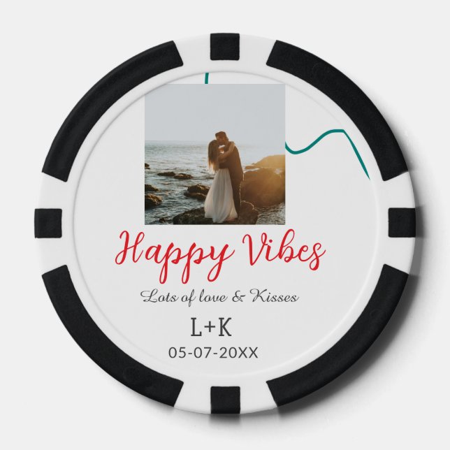 Happy Vibes holiday couple name date wedding red  Poker Chips (Front)