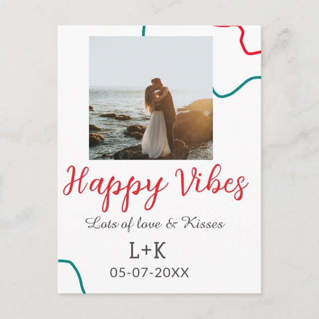 Happy Vibes holiday couple name date wedding red  Postcard (Front)