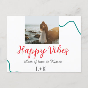 Happy Vibes holiday couple name date wedding red  Postcard