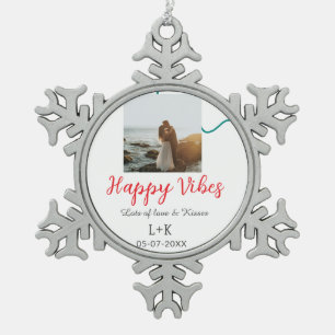 Happy Vibes holiday couple name date wedding red Snowflake Pewter Christmas Ornament