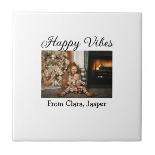 Happy vibes kids family Christmas photo Invitation Ceramic Tile