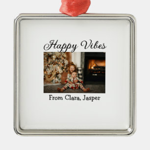 Happy vibes kids family Christmas photo Invitation Metal Ornament