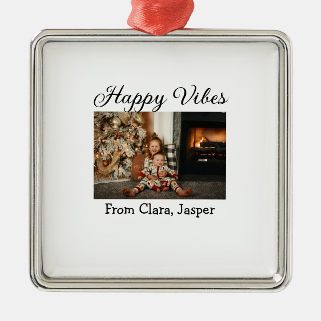Happy vibes kids family Christmas photo Invitation Metal Ornament (Front)