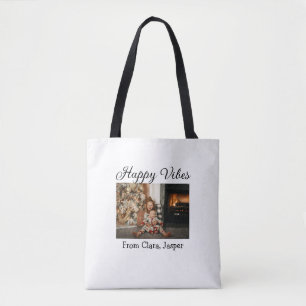 Happy vibes kids family Christmas photo Invitation Tote Bag