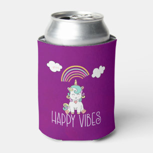 Happy Vibes Typography Awesome Rainbow & Unicorn Can Cooler
