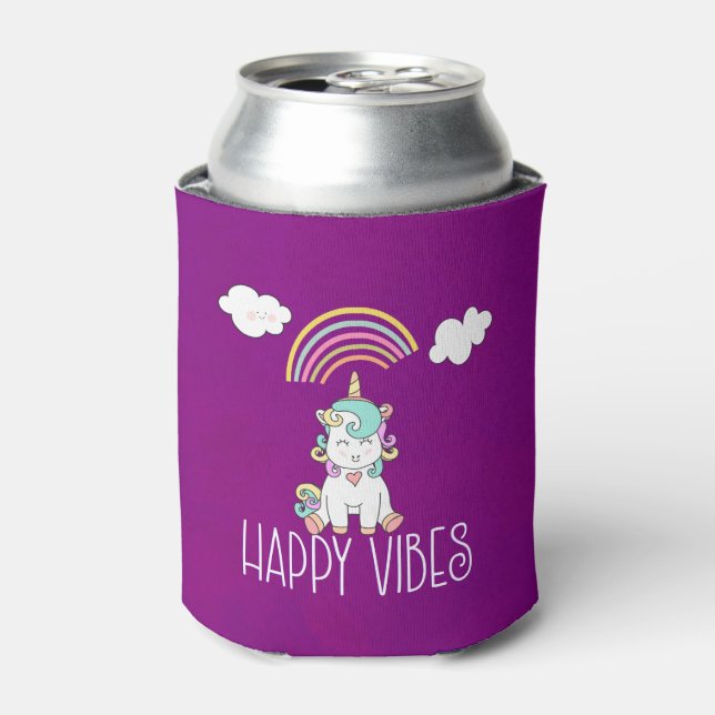 Happy Vibes Typography Awesome Rainbow & Unicorn Can Cooler (Can Front)