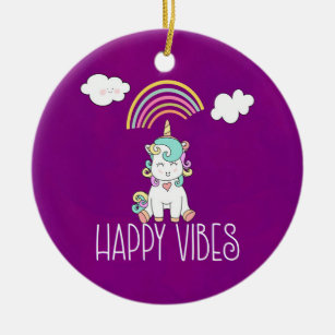 Happy Vibes Typography Awesome Rainbow & Unicorn Ceramic Tree Decoration