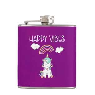 Happy Vibes Typography Awesome Rainbow & Unicorn Hip Flask