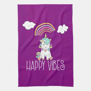 Happy Vibes Typography Awesome Rainbow & Unicorn Tea Towel