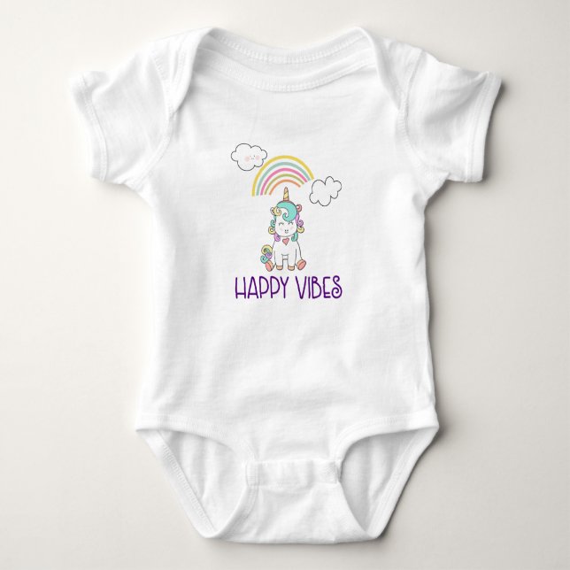 Happy Vibes Typography Cute Smiling Unicorn Baby Bodysuit (Front)