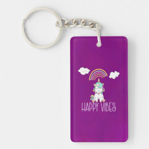 Happy Vibes Typography Cute Smiling Unicorn Key Ring