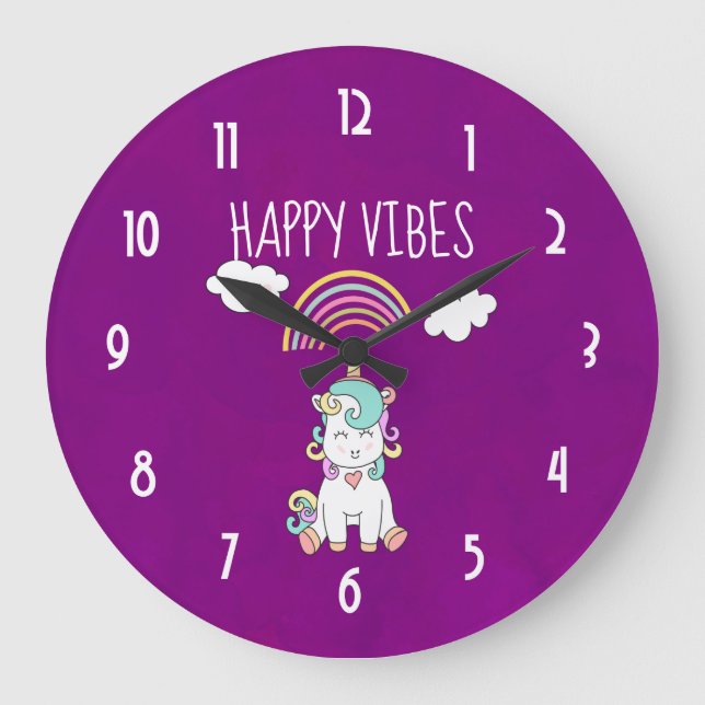 Happy Vibes Typography Cute Smiling Unicorn Large Clock (Front)