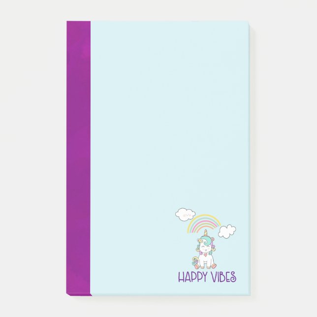 Happy Vibes Typography Cute Smiling Unicorn Post-it Notes (Front)