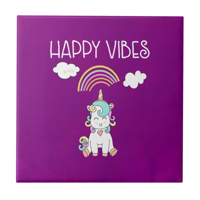 Happy Vibes Typography Cute Smiling Unicorn Tile (Front)