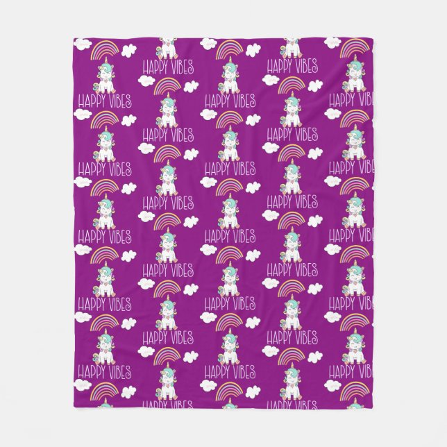 Happy Vibes Typography Smiling Unicorn Pattern Fleece Blanket (Front)