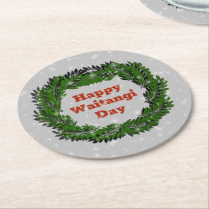 Happy Waitangi Day Fern New Zealand Round Paper Coaster