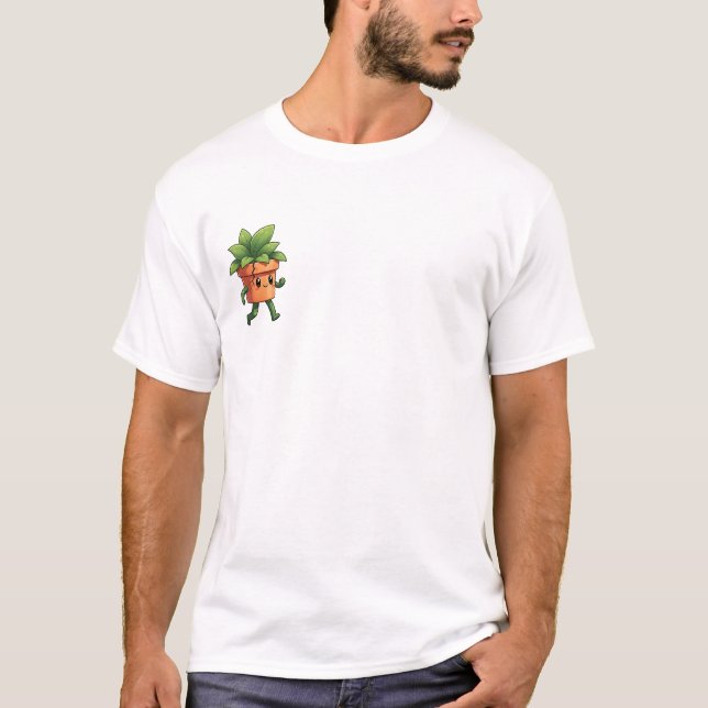 Happy Walking Potted Plant Character with Cracked T-Shirt (Front)