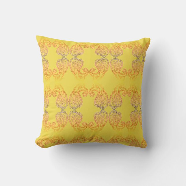 Happy Warm Golden Paisley Pattern Throw Pillow (Front)