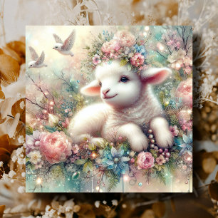 Happy Watercolor Lamb Flowers Christian Easter  Holiday Card