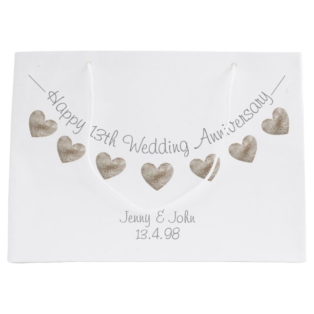 Happy Wedding 13th Anniversary lace heart bunting Large Gift Bag (Front)