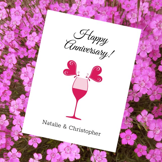 Happy Wedding Anniversary Butterflies Wine Glass Postcard (Creator Uploaded)