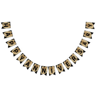 Happy Wedding Anniversary Faux Gold Leaf Black Bunting
