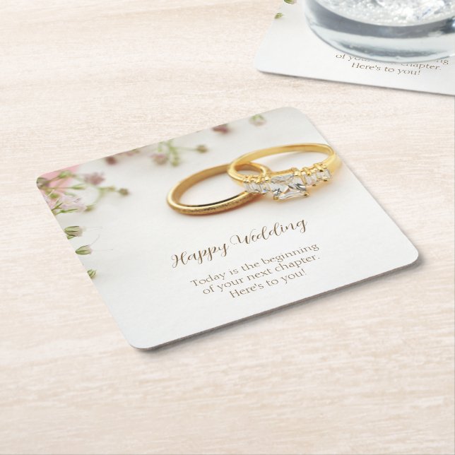 Happy Wedding Square Paper Coaster (Angled)