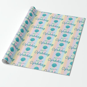 Happy Wedding Text Blue Seashell Colourful Rainbow Wrapping Paper