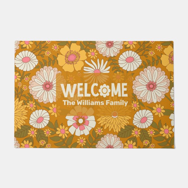 Happy 'Welcome' Yellow Floral Personalised Family Doormat (Front)