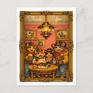 Happy Western Cowboy Cats Saloon Scene Thank You Postcard