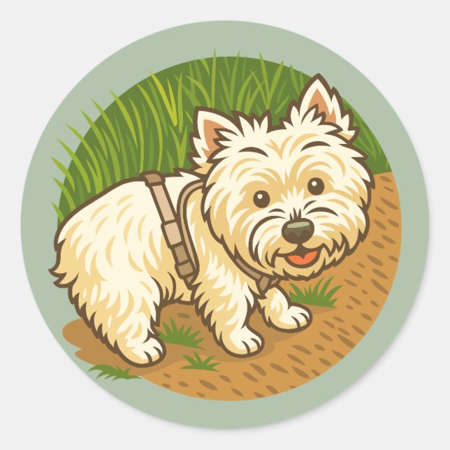 Happy Westie on Nature Trail Classic Round Sticker (Front)
