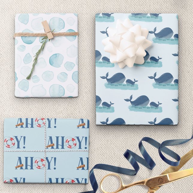Happy Whale Ocean Bubble Nautical Ahoy Set of 3 Wrapping Paper Sheet (Creator Uploaded)