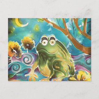 Happy Whimsical Frog at Night Silk Painting Postcard