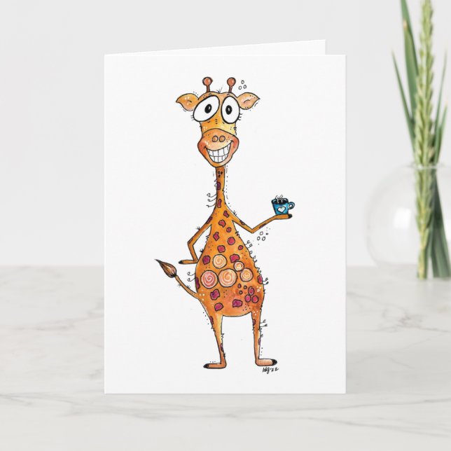Happy Whimsical Giraffe Drinking Coffee Card (Front)