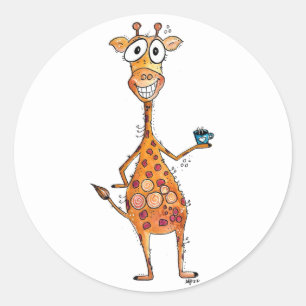 Happy Whimsical Giraffe Drinking Coffee Classic Round Sticker